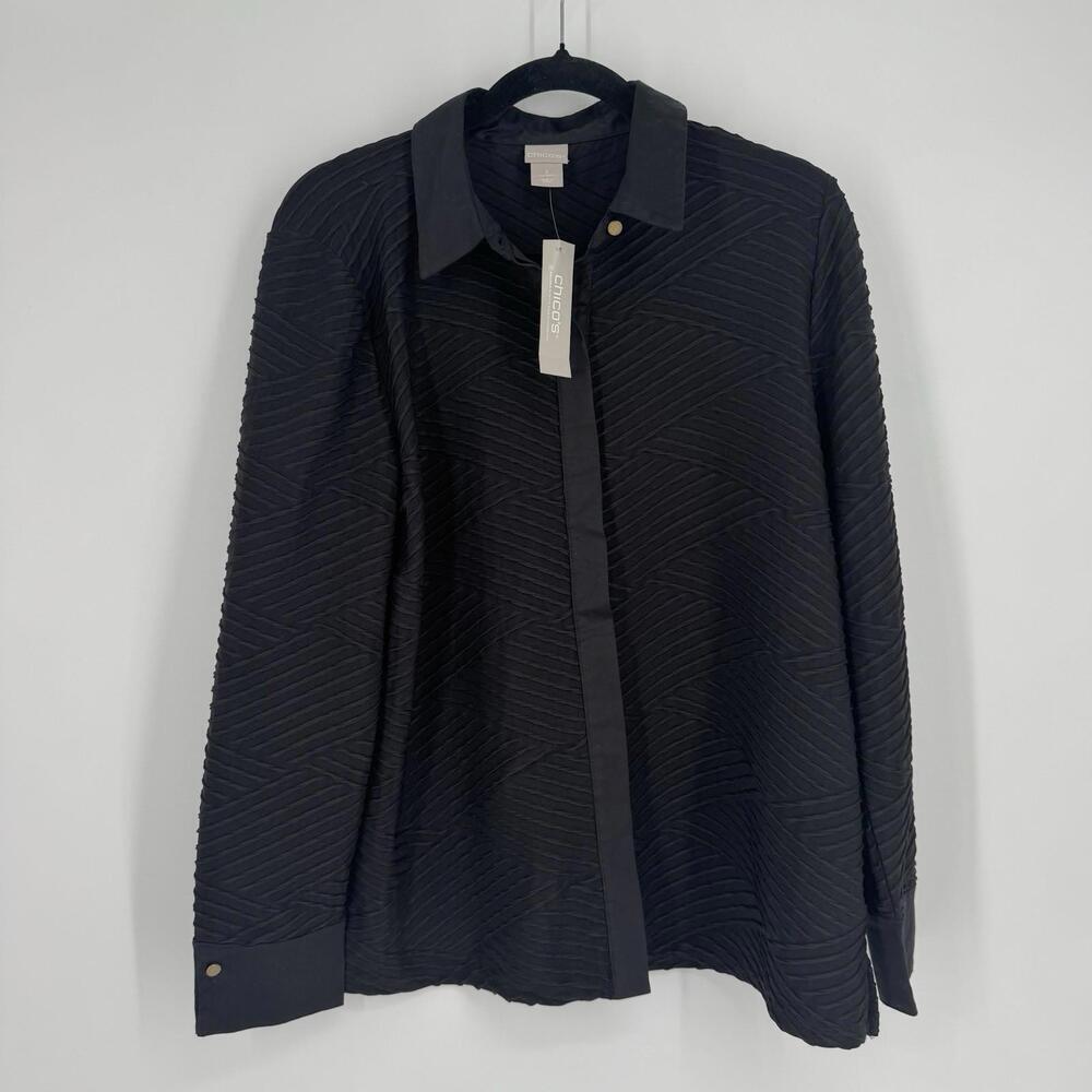Chicos top womens large L black textured button down minimalist workwear office